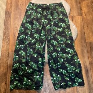 Elevenses Floral Pants Size 8 Green Navy Slacks Womens Anthropologie Trousers